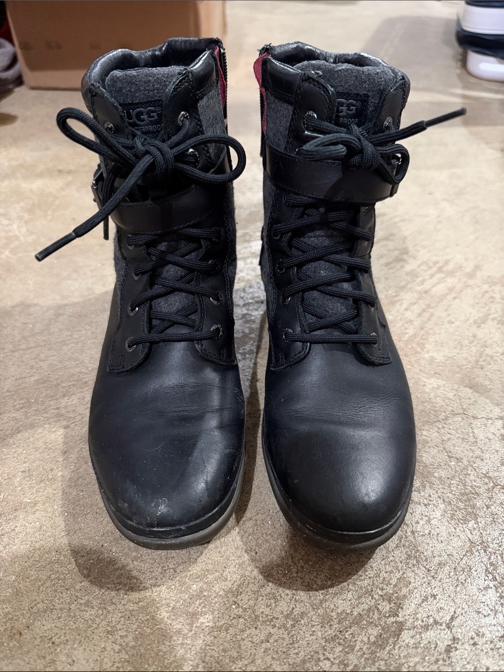 UGG Black Lace-Up Leather Combat Boots with Pink Heel Tab